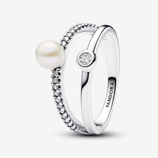 Freshwater Cultured Pearl & Pavé Double Band Ring